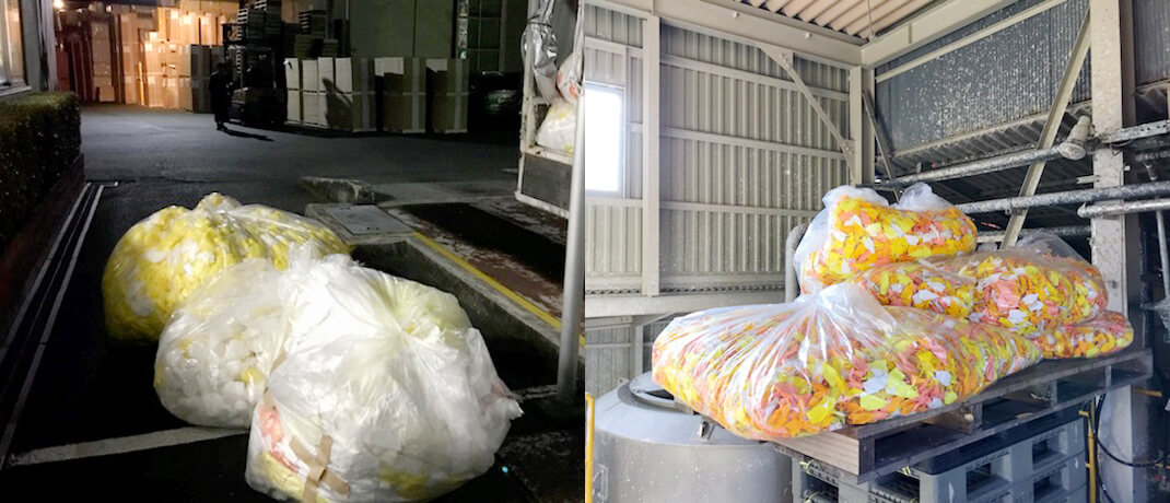 解体した原料を静岡の製紙工場まで運搬　／　原料を工場内に搬入